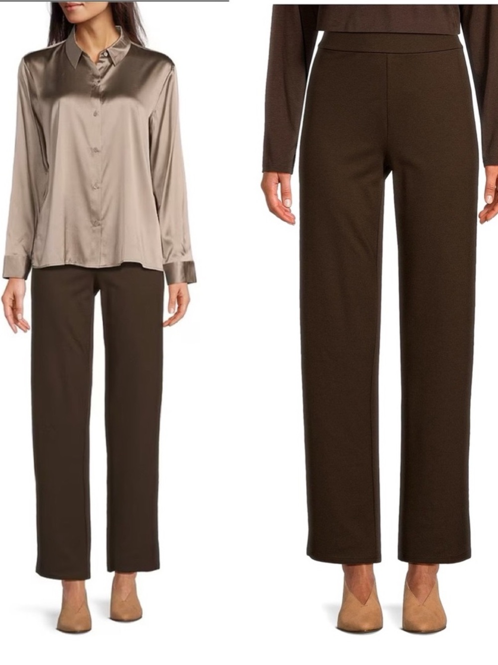 Eileen Fisher Washable Flex Ponte Double Knit Straight Leg Pull-On Pant Brown